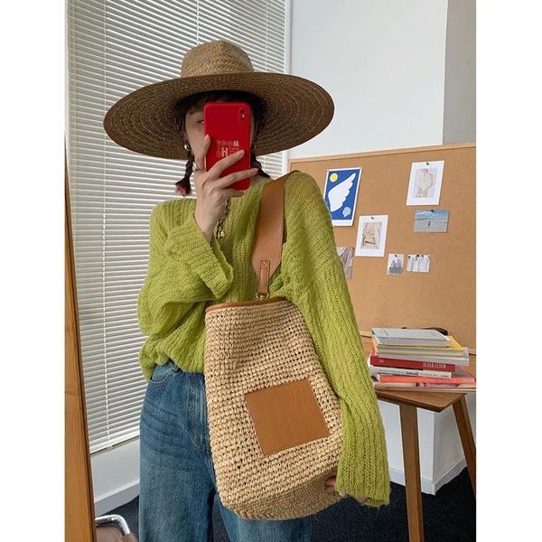 

school bags 2021 straw bag handmade splicing package large capacity women handbag shoulder fashion advanced high quality