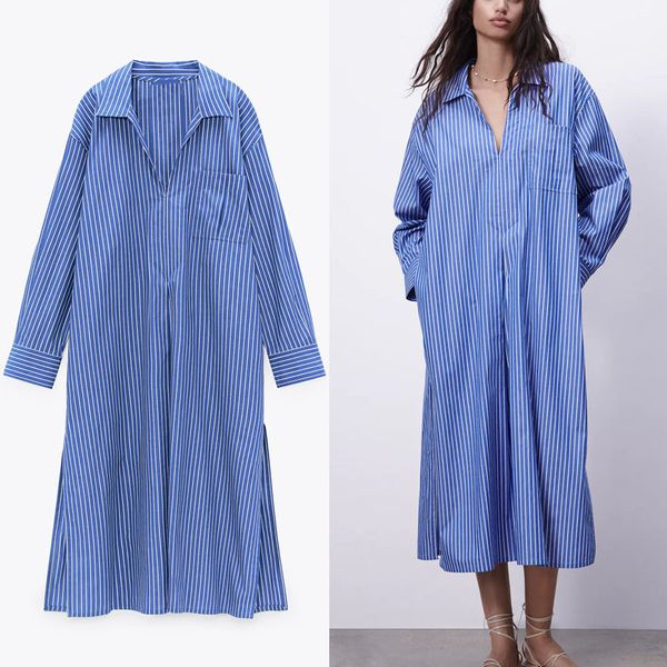 

dresses blue striped pleated shirt women long sleeve dropped shoulder office woman retro button up spring es, Black;gray