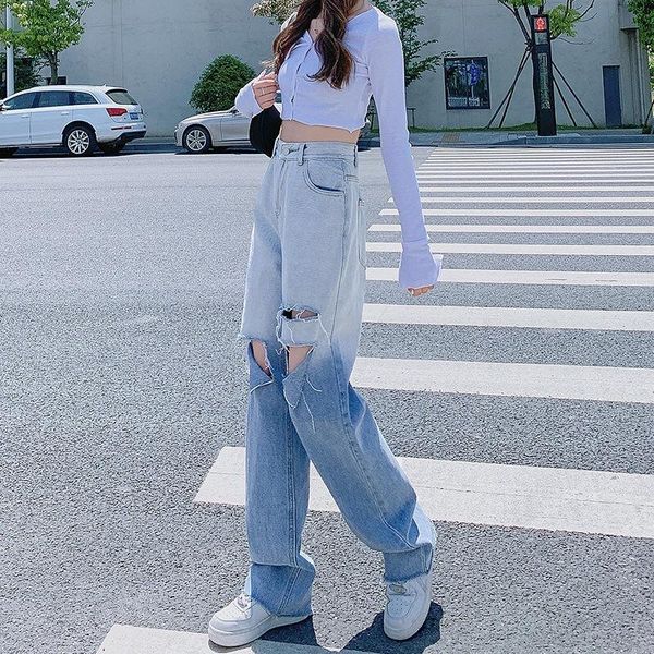 

women's jeans cotton high waist denim for women gradient ripped hole stretch plus size full length female trousers, Blue