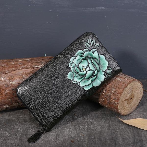 

wallets national genuine leather wallet flower print cow embossment women large capacity zipper purse cards holder, Red;black