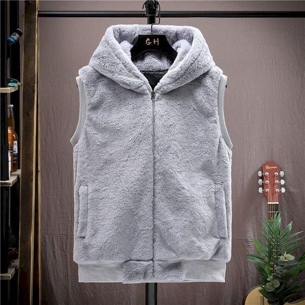 

men's hoodies & sweatshirts plush vest warm thick sleeveless men 2021 autumn winter youth waterproof mink hooded waistcoat jacket mens, Black