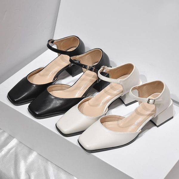 

dress shoes concise chunky high heels grandma women closed toe buckle belt pumps elegant sewing square summer ladies zapatos, Black