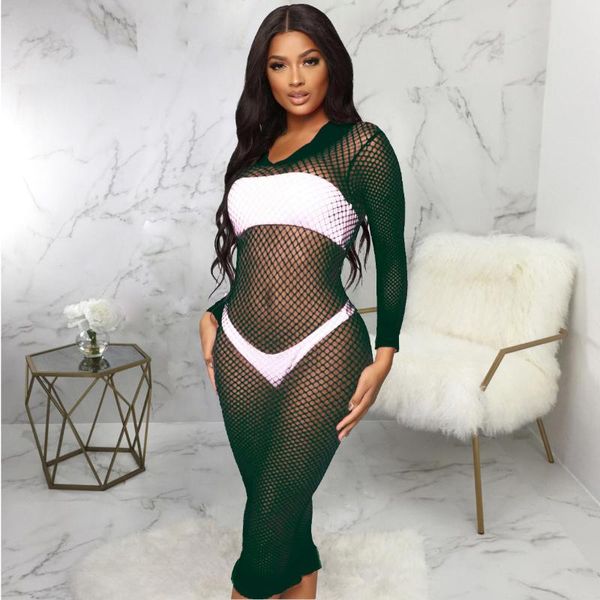 

women's swimwear mesh bikini blouse long-sleeved beach skirt see-through transparent round neck tight dress fashion slim, White;black