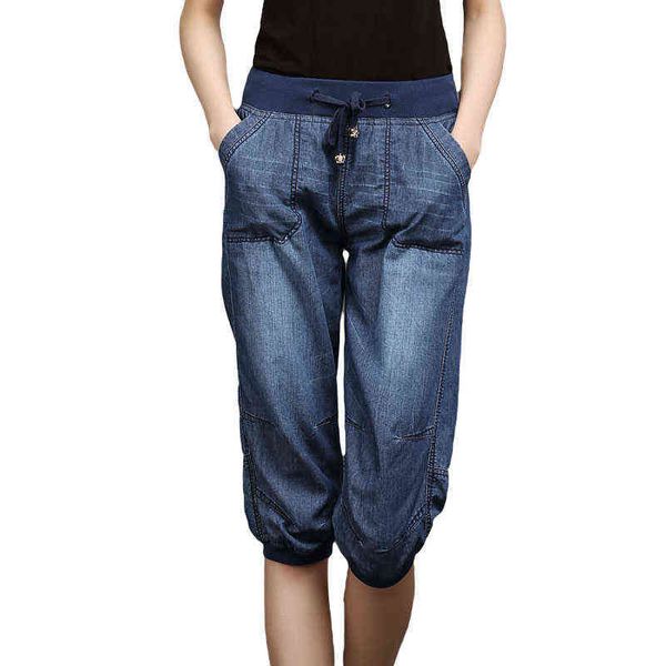 

plus size black denim jeans women's summer harem pants light washed loose cotton casual calf-length blue trousers women 3xl 4xl 211129