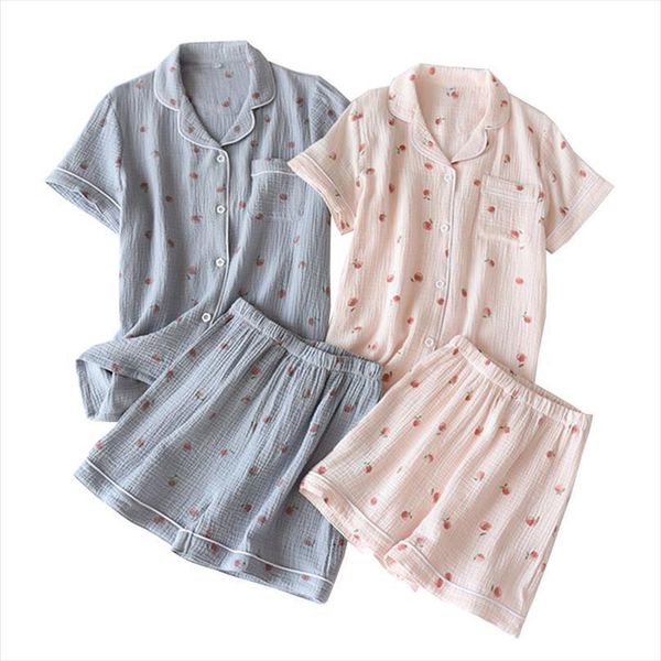 

summer 100% gauze cotton cute womens sleepwears cartoon peach printed household pajamas set turn down collar shorts 2pcssleepwear, Black;red