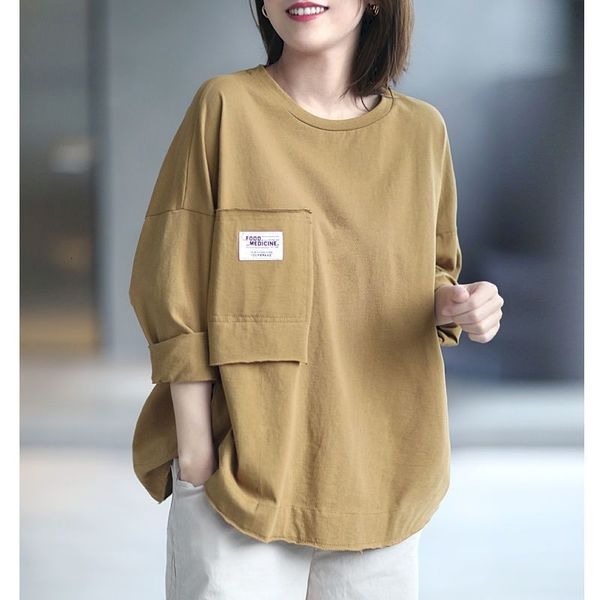 

women's t-shirt spring summer womens pure cottont-shirt korean casual loose labeling pocket round neck t-shirt long-sleeved all-ma, White
