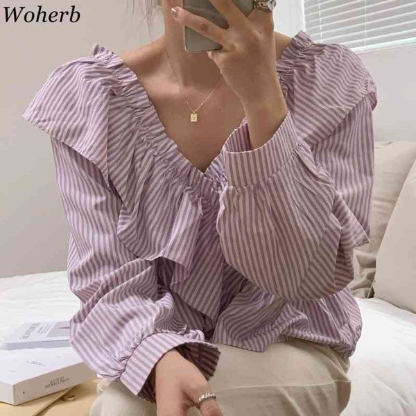 

blusas mujer v-neck long sleeve striped blouses women sweet ruffles loose shirts korean fashion blouse femme 210417, White
