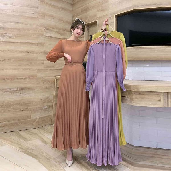 

casual dresses plus size vestido de mujer pleated long sleeve dress 2021 maxi for women vestidos vetement femme robe longue iznt, Black;gray