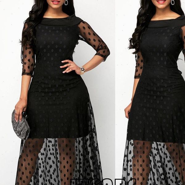 

summer black polka dot women dress mesh long maxi beach patchworktulle lace, Black;gray