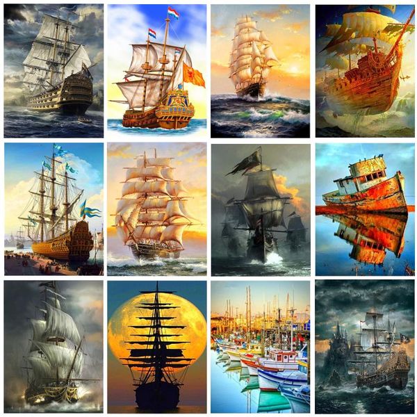 

diamond painting boat cross stitch kit embroidery landscape ship sailing sea mosaic full square drill sale gift