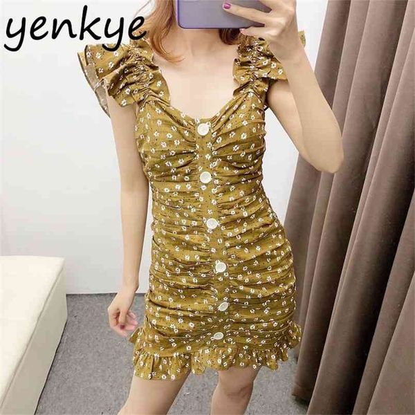 

vintage floral print draped women sweetheart neckline short sleeve ruffle dress party vestidos bodycon mini summer 210514, Black;gray