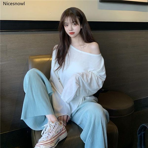

summer thin long-sleeved knitted sunscreen t-shirt casual wide-leg pants suit korean-style fashion women's two-piece suits & blazers, White;black
