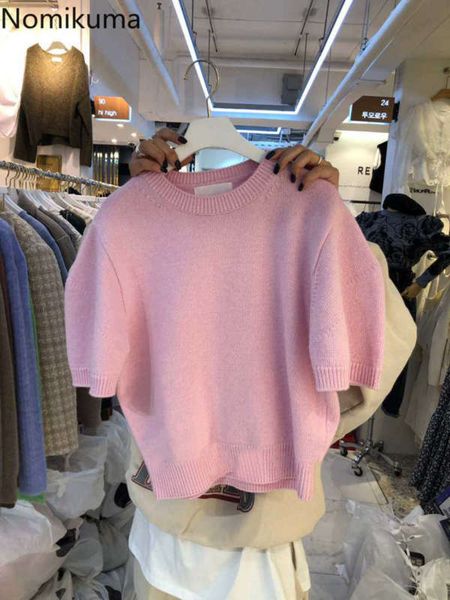 

nomikuma korean sweet short sleeve knitted pullovers causal o-neck women sweater spring elegant knitwear jumpers 6f273 210928, White