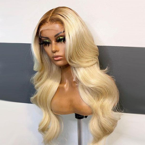 

ombre 613 blonde body wave wig hd transparent lace part human hair wigs for women pre plucked brazilian remy t4, Black;brown