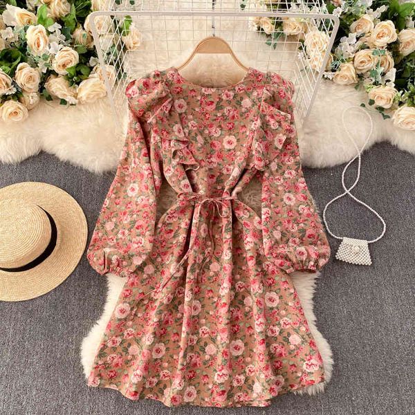 

two piece dress women's sweet floral 2021 fashion summer round collar long sleeve print ruffles sash lace-up a-line casual short 7, White
