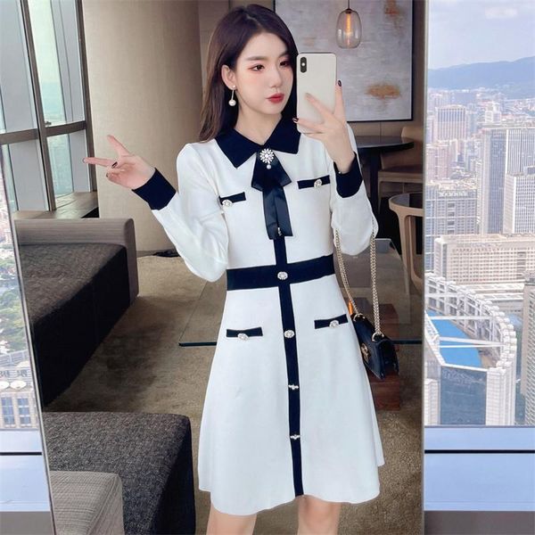 

casual dresses 2021 autumn french style waist was thin temperament collar retro small fragrant bow long sleeves, Black;gray