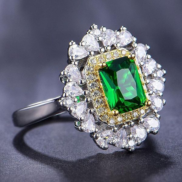 

cluster rings vintage luxury green crystal emerald gemstones diamonds for women white gold silver color jewelry bijoux bague party gifts, Golden;silver