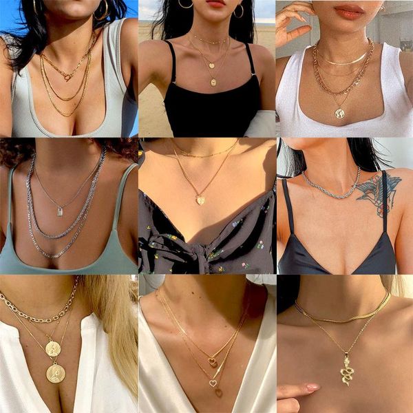 

pendant necklaces fashion gold punk faux pearl thick chain heart-shaped human head coin snake necklace for women vintage jewelry gift, Silver