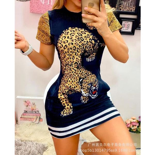 

casual dresses wepbel women's elegant tiger print sheath dress ladies fashion short sleeve o neck high waist corset bodycon, Black;gray