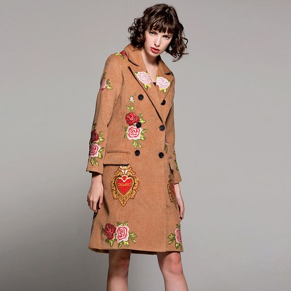 

coat coat seqinyy embroidered jacket heart flowers winter fashion feminine long coat of khaki wool, Tan;black
