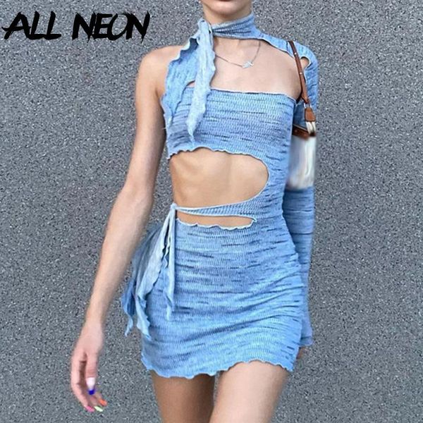 

casual dresses allneon cyber y2k fashion one shoulder bandage cut out clubwear backless turtleneck long sleeve bodycon blue dress, Black;gray