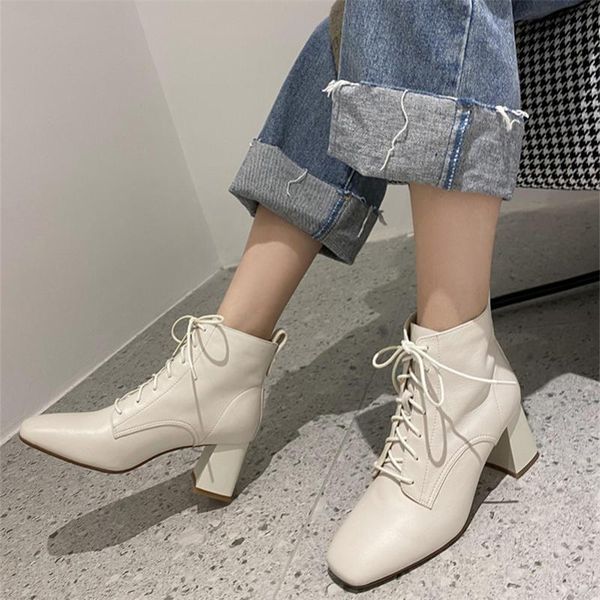 

boots foreada real leather high heel woman square toe ankle thick shoes lace up short female autumn beige 33-40 qbgg, Black