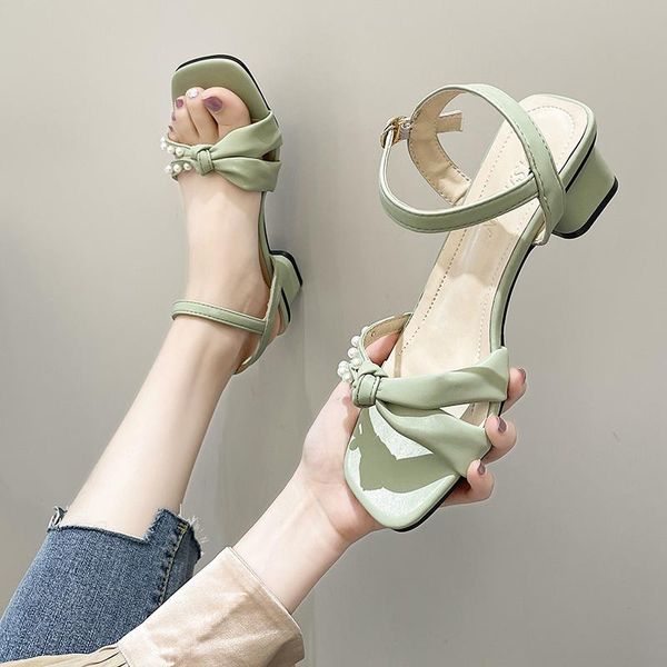 

sandals all-match block heels 2021 clear shoes med suit female beige chunky comfort medium pearl fashion black bow summer