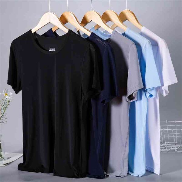 

ice silk short sleeve summer men's t-shirt solid round neck mesh sports fitness quick drying high elastic large size base shirt, White;black