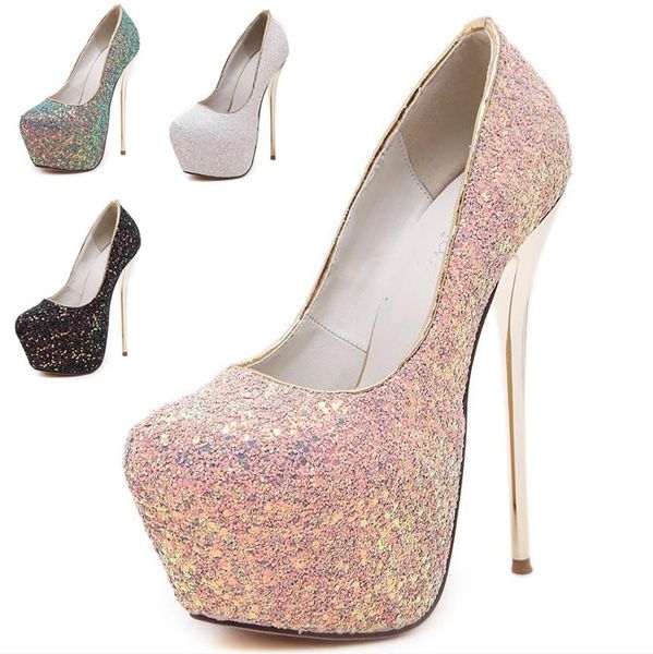 

16cm glitter wedding dress shoes colorful sequined 6cm platform round toe women pumps large size 35-45, Black