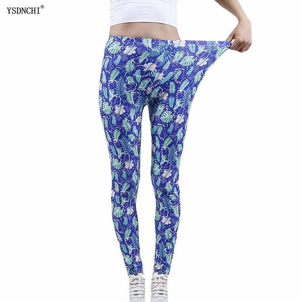 

women's leggings ysdnchi leaf printing high waist casual lady sports leggigs nine pants fashion elastic push up, Black