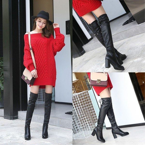 

boots over the women's thick solid high-heeled pointed heel fashion boots, knee knights' in autumn, Black