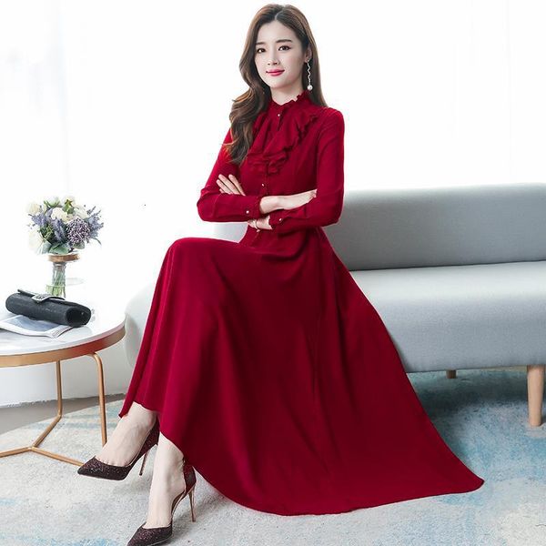 

casual dresses spring autumn chiffon slim fit women solid buttons ruffled bottoming elegant office lady vestidos 3xl q1308 p9rz, Black;gray