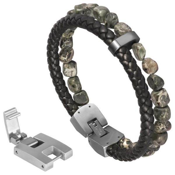 

link, chain mens bead leather bracelet, braided genuine natural stone for boys with stainless steel adjustable closure, Black