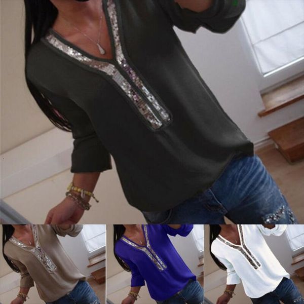 

fashion long sleeve loose womens shirts summer v neck casual clothing sequined solid soft clothes, White