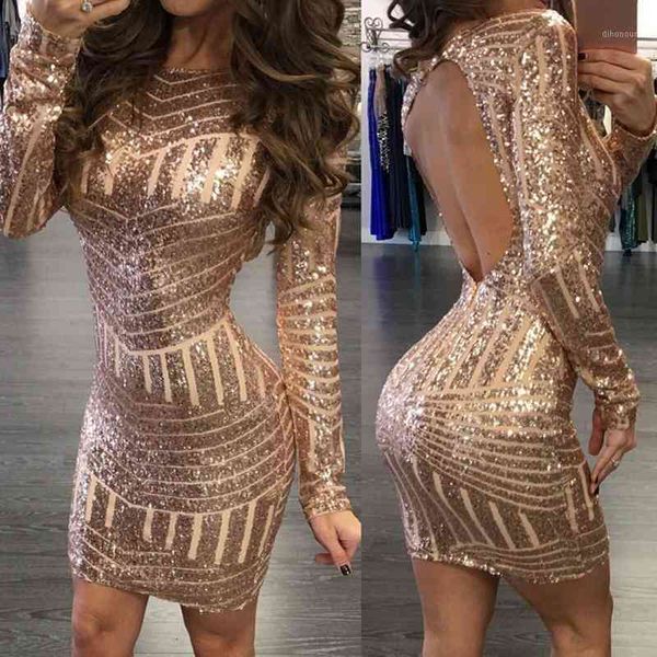 

casual dresses monerffi backless gold sequin women long sleeve bodycon mini party short dress package hip sheath vestidos1 q391, Black;gray