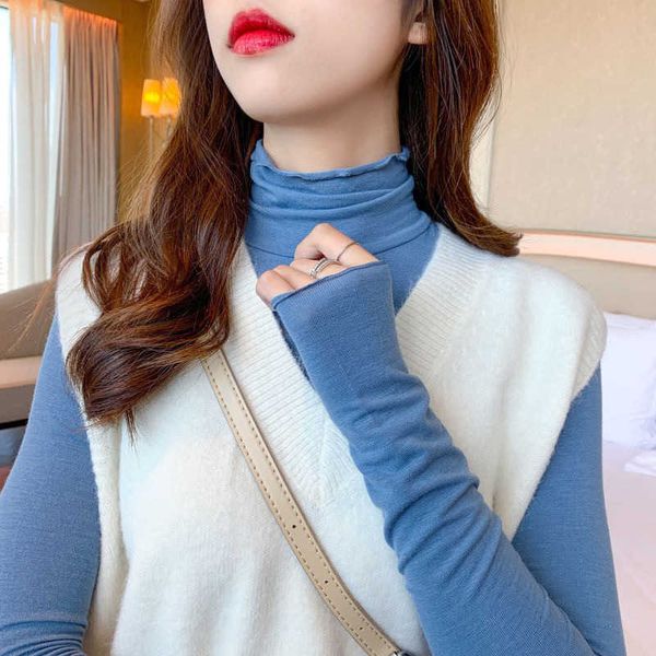 

cotton super soft ear edge pile collar solid color long sleeve t-shirt 2021 autumn women's base top, White