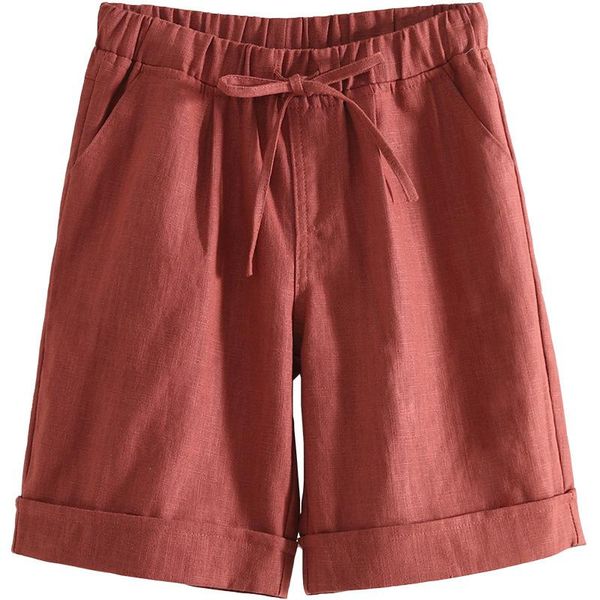 

women's shorts cotton linen elastic high waist female summer capris lace up leisure comfortable straight knee length pants big size 4xl, White;black