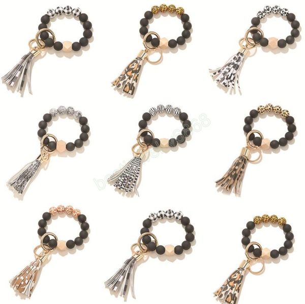 

leopard frosted wooden bead bracelet strands keychain fashion pattern tassel pendant bracelets women girl key ring wrist strap 7 colors, Silver