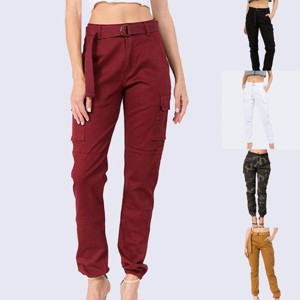 

women's pants & capris casual women solid color multi pockets mid rise ankle tie long trousers for work high street fashion elastics tr, Black;white