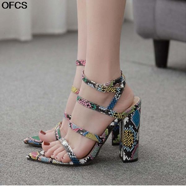 

sandals green serpentine women summer fashion square high heel for pointed toed thick party shoes 42 mup7, Black