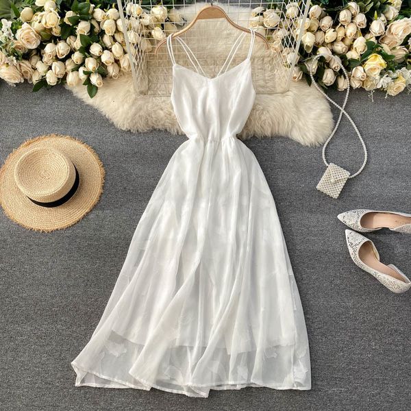 

casual dresses foamlina women's summer white spaghetti strap v-neck sleeveless criss-cross open back boho style beach party robe k, Black;gray