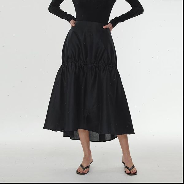 

asymmetry black midi high waist women skirts simple pleated