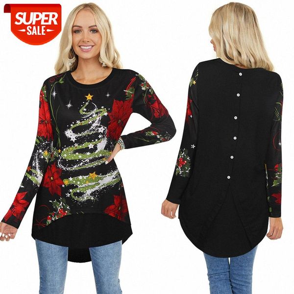 

[in stock]european and american women's autumn winter christmas slim single-breasted long-sleeved printed t-shirt women #ux3p, White