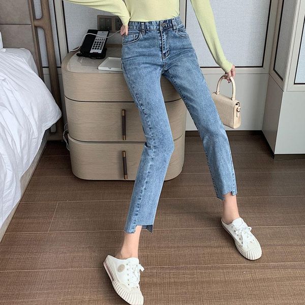 

women's jeans women high waist wild hong kong style irregular leg letters straight flared pants, Blue