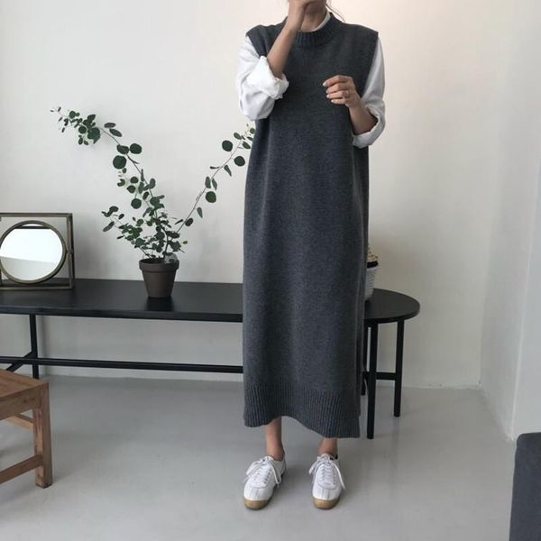

casual dresses 2 colors side split women autumn winter long vest sweater dress loose warm sleeveless lady femme vestido (n0052, Black;gray