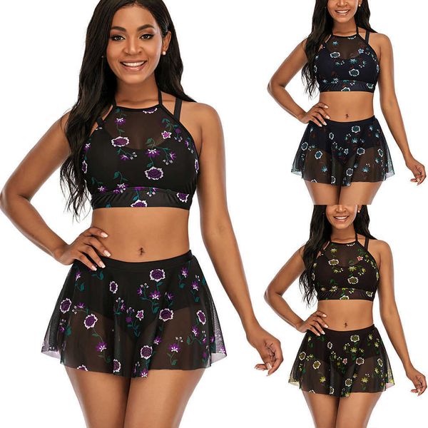 

2021 new mesh printed bikini slim open back split swimsuit, White;black