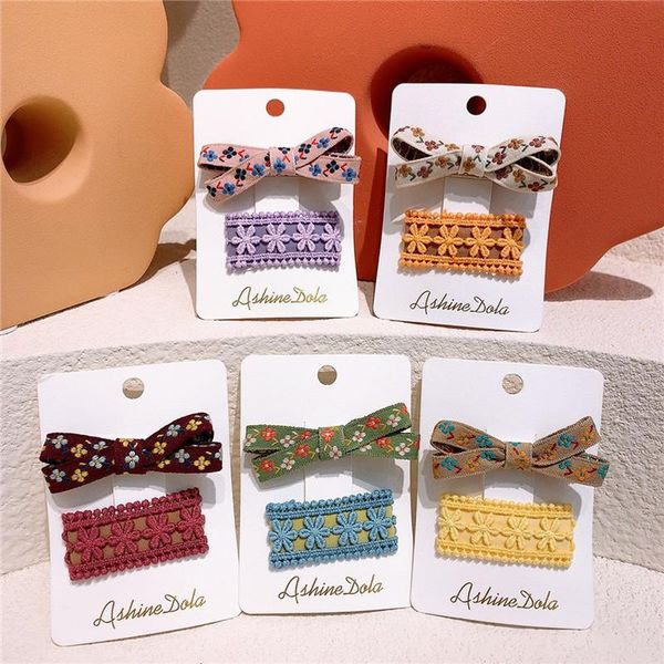 

pcs vintage simple ethnic style embroidery flower bow duckbill clip fashion children's square bb hair accessories, Slivery;white