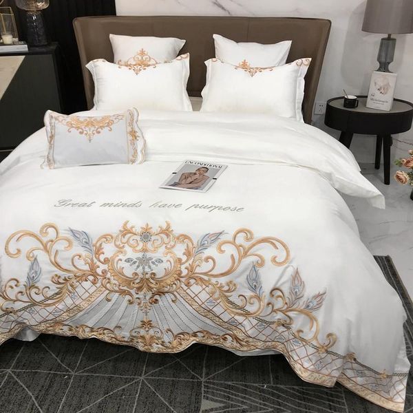 

luxury white long staple cotton bedding set gold embroidery duvet cover flat/fitted sheet pillowcases 4pcs sets