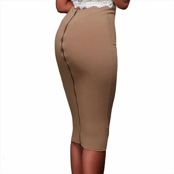 

slim fitted pencil mid calf womens skirts high waist straight back zipper female solid empire, Black