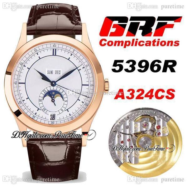 GRF Complicazioni Calendario annuale 5396R A324CS Orologio da uomo automatico Oro rosa Quadrante bianco Lancette blu Fasi lunari Pelle marrone Orologi Super Edition Puretime E5